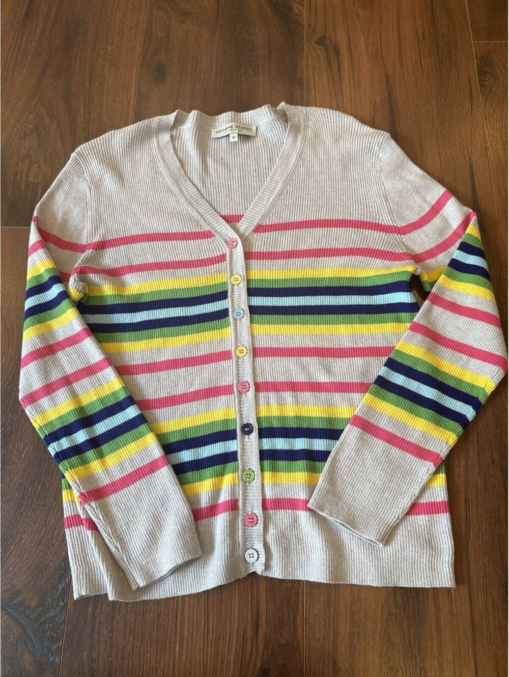 ESTHEME Size M Cashmere Multicolor Striped V Neck Cardigan Sweater